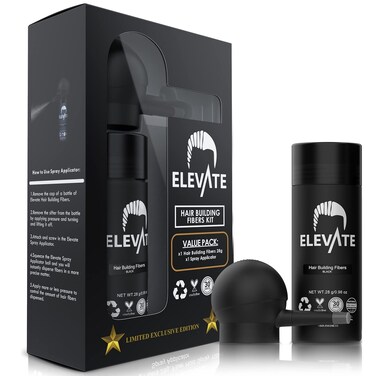 ELEVATE Hair Perfecting 2-in-1 Kit   Set Includes Natural Hair Thickening Fibers &amp; Spray Applicator Pump Nozzle   Instantly Conceal &amp; Thicken Thinning Balding Areas in Seconds - Men &amp; Women (Black)