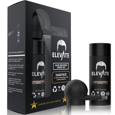 ELEVATE Hair Perfecting 2-in-1 Kit   Set Includes Natural Hair Thickening Fibers &amp; Spray Applicator Pump Nozzle   Instantly Conceal &amp; Thicken Thinning or Balding Hair Areas for Men Women (Dark Brown)