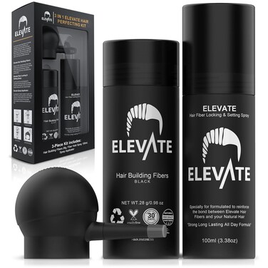 ELEVATE Hair Perfecting 3-in-1 Kit Set Includes Natural Hair Thickening Fibers &amp; Spray Applicator Pump Nozzle &amp; Locking Setting Hold Spray   Instantly Conceal Balding and Thinning Areas (Black)