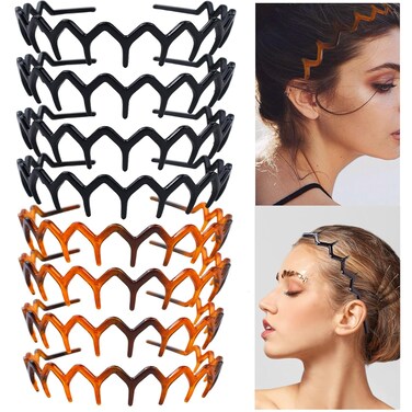 8 Pcs Zig Zag Plastic Headbands for Women Hair Band Wavy Shark Tooth Comb Hair Accessory Zigzag Headband (Black, Brown)