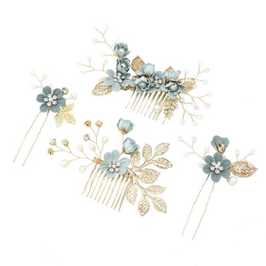 NUOBESTY 4Pcs Wedding Hair Clip Comb Handmade Bridal Hair Clip Pearl Floral Leaf Hair Accessories for Women Wedding ( Green )