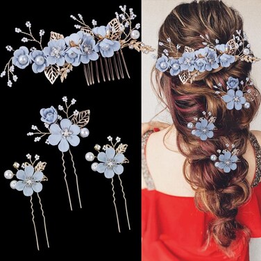 BOYIVI Wedding Hair Comb Set, 4 Pieces Bridal Flower Hair Pins Rhinestones Crystal Floral Hair Clips Hair Accessories Hair Jewelry for Brides Bridesmaids Women Girls - Blue