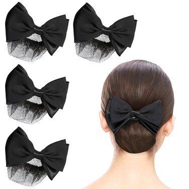Beaupretty 4 Pieces Women Hair Bun Cover Net Hair Snood Net Barrette Mesh Clip Elastic Butterfly Bun Bow Headdress