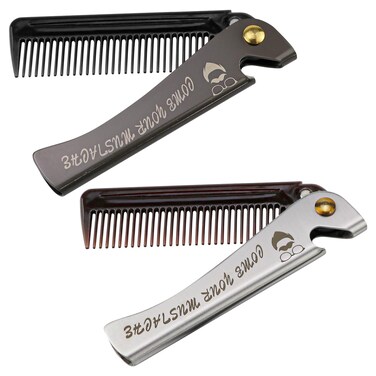Foldable Comb, Stainless Steel 2 in 1 Pocket Combs Bottle Opener, Folding Comb for Men Beard Comb, 2 Pack