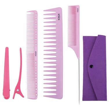 6pcs Pink Professional Hair Combs Set - Carbon Fiber Barber Combs with Wide Tooth, Rat Tail for Parting, Teasing, and Styling Hair for Women and Men