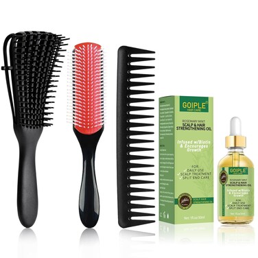 Curly Hair Brush Set for Women/Men/Kids, Detangler Brush, Wide Tooth Comb, 9 Row Nylon Bristle, Rosemary Hair Growth Oil - 4 Count (DB-black-4pcs)