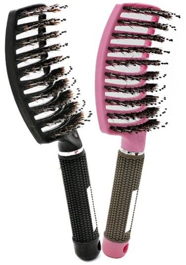 2 Pcs Boar Bristle Detangler Vent Brush Curved Vented Paddle Brush for Blow Drying, Anti-frizz Detangling Brush Styling Hairbrush Comb for Curly Fine Straight Natural Tangled Hair, Wet or Dry Use