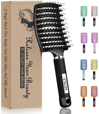 KTKUDY Detangling Brush Boar Bristles Hair Brush Make Hair Shiny &amp; Healthier Curved and Vented Detangler Brush for Women Men Kids Wet &amp; Dry Hair (Black)