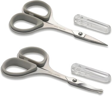 2Pcs Small Facial Hair Grooming Scissors Kit For Men &amp; Women - Eyebrow, Nose Hair, Mustache, Beard, Eyelashes, Ear Trimming - Curved &amp; Rounded Safety Tip Clippers For Hair Cutting (Grey)