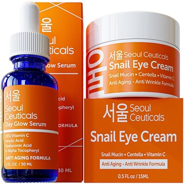 Korean Vitamin C Serum + 97.5% Snail Mucin Eye Cream Set for Glowing Skin &amp; Youthful Eyes