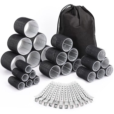 Selizo Hair Curlers 36 Pcs Set with 24Pcs Hair Curlers 4 Sizes and 12 Pcs Hair Clips for Long Medium Short Thick Hair, Black