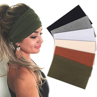6 Packs Wide Headbands for Women Stretch Headband Boho Women's Hair Band Turban Girls Accessories Non Slip Sports Headbands for Women（Black, Coffee, Dark Gray, Light Gray, Beige, Army green）
