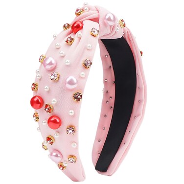 TULOBI Headband for Women Pearl Knotted Headband Red Pink Pearl Rhinestone Crystal Jeweled Hairband Wide Top Knot Hairband Valentine&rsquo;s Day Headpiece Holiday Outfits Gifts (Light Pink)
