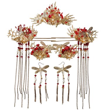 Chinese Wedding Bride Hair Accessory Chinese Crown Wedding Hair Accessories Red Flower Floral Beaded Flapper Headband Jeweled Bridal Wedding Tiara