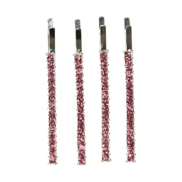Silver Rhinestone Studded Hair Barette Bobby Pin Clip   4 Count   Pink