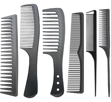 Professional Comb Set Black 6 Piece - Carbon Fiber Anti Static And Heat Resistant Comb-Fine and Wide Tooth Comb for Men and Women - Parting Teasing and Hair Styling