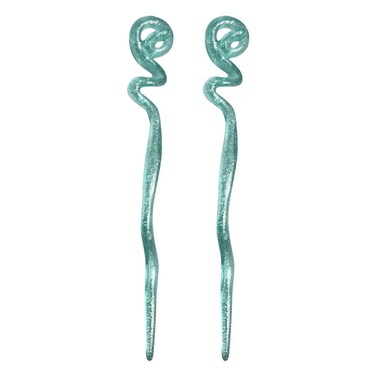 Womens 6.25 inch Long Green Twirl Hair Sticks with Glitter and Diamonds Chopsticks - Set of 2
