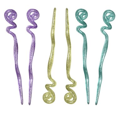 Set of 6 Twirl Hair Sticks with Glitter and Diamonds Chopsticks (Yellow Purple Green)