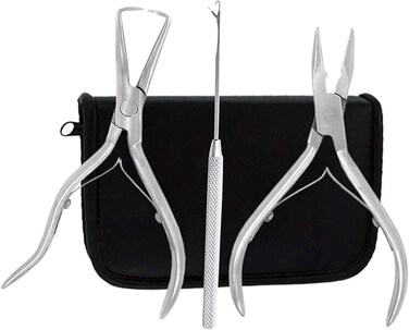 Clamp Pliers Needle 3pcs Tool Kit for Micro Ring Link Bead Human Hair Extensions, Polished Steel