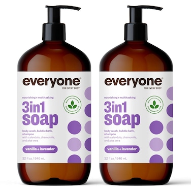 Everyone 3-in-1 Soap, Body Wash, Bubble Bath, Shampoo, 32 Ounce, Vanilla and Lavender, Coconut Cleanser with Plant Extracts and Pure Essential Oils (Pack of 2)