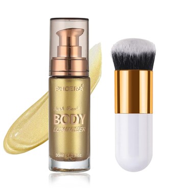 Body Shimmer Oil, Waterproof Long Lasting Moisturizing Bronze Body Luminizer Glow For Face &amp; Body, Liquid Illuminator Body Highlighter 1oz/Jars, Makeup Brush Include (Metallic Gold #02)