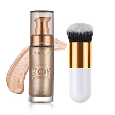 Body Shimmer Oil, Waterproof Long Lasting Moisturizing Bronze Body Luminizer Glow For Face &amp; Body, Liquid Illuminator Body Highlighter 1oz/Jars, Makeup Brush Include (Rose Gold #01)