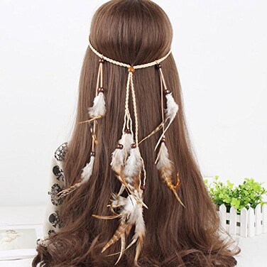 Gangel Hippie Feather Headpiece Indian Headband Bohemian Vintage Headdress with White and Brown Feather Long Tassel Hemp Rope for Festival