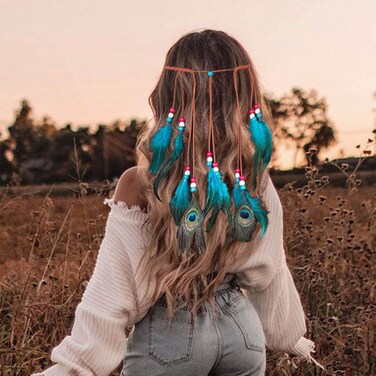 Gangel Turquoise Hippie Indian Headpiece with Peacock Feather Tassel Hemp Rope for Festival - Blue Feather Hairband Women's Hair Accessories