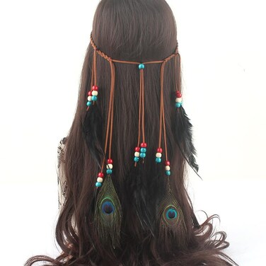 Gangel Turquoise Feather Headband Hippie Indian Feather Headpiece with Peacock Feather Tassel Hemp Rope for Festival Black Feather Hairband Women's Hair Accessories