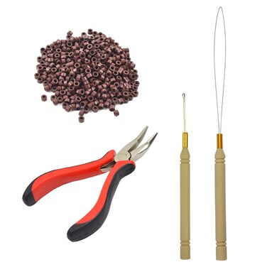Hair Extensions Tool Kits Hair Extension Pliers Pulling Hook Needle Loop Threader 500 Pcs Micro Silicone Rings Hair Beads for Hair Styling Accessory (Brown)