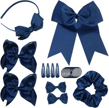 21 Pcs School Uniform Hair Accessories Grosgrain Ribbon Hair Bows Hair Clips Headband Hair Ties Ponytail Holders for Little Teen Girls Navy Blue
