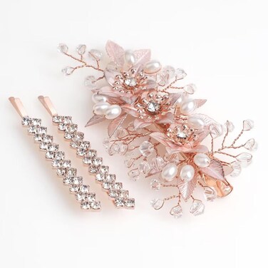 Wedding Hair Clips Set of 3 PCS - Floral Rhinestone Pearl Hair Accessories for Bridal Women (Rose Gold)