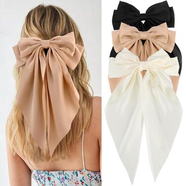 Velscrun Hair Bows for Women Girls 3Pcs White Silky Satin Large Hair Bow Black Coquette Bow Brown Big Bows Hair Clip Oversized Hair Ribbons Long Tail Hair Bow Hair Barrettes Hair Accessories Gifts