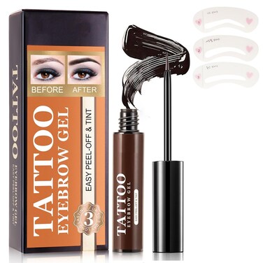 Tattoo Brow Peel Off Tint Gel with Eyebrow Stencils, Long Lasting Eyebrow Gel Tint, Transfer Proof and Smudge Proof Eyebrow Stain for Fuller &amp; Defined Brows Makeup, Dark Brown