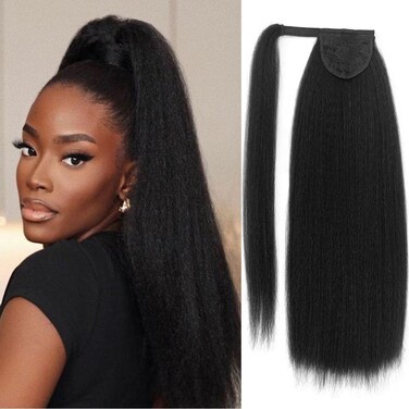 Long Yaki Straight Ponytail for Women 24 Inches Wrap Around Magic Paste Yaki Straight Pony Tail Clip in Synthetic Thick Kinky Straight Ponytail hair Extension UAmy hair(1B Black)