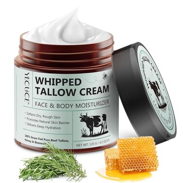 Beef Tallow for Skin, Tallow and Honey Balm (4.2 oz) - Whipped Grass-Fed Beef Tallow for Face - Deeply Hydrating Tallow Face Moisturizer for Body - All-Natural Organic Balm with Honey &amp; Beeswax