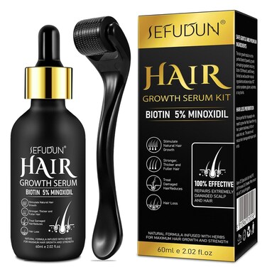 5% Minoxidil for Men and Women with Derma Roller, Hair Growth Serum &amp; Beard Growth Kit, Minoxidil Biotin Hair Regrowth Treatment for Thicker, Fuller Hair - Stop Scalp Hair Loss &amp; Thinning - 2.02 oz
