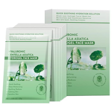 Centella Asiatica Soothing Facial Masks Calming Sheet Mask Hyaluronic Acid Hydrating Sheet Face Mask for Sensitive Skin ,Centella Asiatica Calming Mask with Panthenol ,Hydrogel Sheet Mask,10 Pack