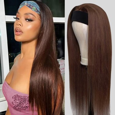 TNICE Headband Wig Human Hair Straight Chocolate Brown 18 Inch Headband Wigs for Black Women Glueless None Lace Front Human Hair Head band Wigs Brazilian Virgin Hair Machine Made 150% Density