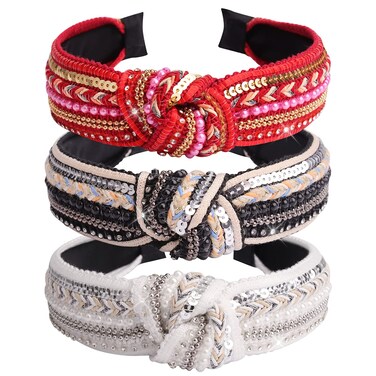 TOBATOBA Knotted Headbands for Women Sequins Pearl Headband Top Knot Headband Turban Boho Headbands for Women Beaded Wide Headband Fashion Elegant Ladies Hair Band 3 Pack (Black, White, Red)