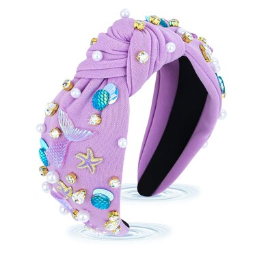 Mermaid Purple Headband, Knotted Headband for Women, Mermaid Tail Rhinestones Pearl Starfish Decor, Mermaid Birthday Decorations, Gifts for Teen Girls