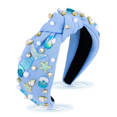 Mermaid Blue Headband, Knotted Headband for Women, Mermaid Tail Rhinestones Pearl Starfish Decor, Mermaid Birthday Decorations, Gifts for Teen Girls