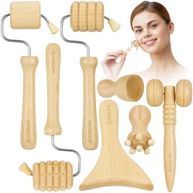 Wood Therapy Facial Massage Tools (7 Piece Set), Gua Sha Wooden Face Massager Kit for Face Lifting, Lymphatic Drainage, Skin Care &amp; Anti-Aging