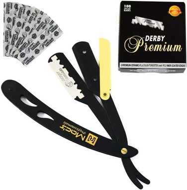 PROFESSIONAL B&amp;G STRAIGHT Edge SHAVING RAZORS,with Black Premium Derby 100 Count Blades-Easy Blades Replacement Mechanism-100% Stainless Steel Macs-049BGP1 (B &amp; G with Black Premium Blades)