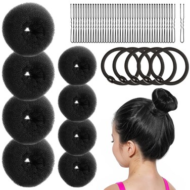 FANDAMEI Hair Bun Makers: Small &amp; Extra Small Donut &amp; Ballet Buns for Kids with Elastic Ties &amp; Pins (Black)
