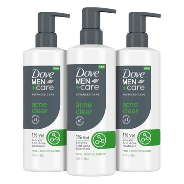 DOVE MEN + CARE Advanced Care Cleanser Acne Clear 3 Count for Acne Prone Skin Face + Body Cleanser with 1% Salicylic Acid 16.9 oz
