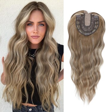 Hair Toppers for Women 20inch Wavy Hair Toppers for Women Toppers Hair Pieces for Women with Thinning Hair Ombre Highlight Synthetic Wig Clip In Hair Topper Wiglets with Fringe Bang Add Hair Volume