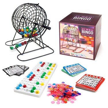 Royal Bingo Supplies Jumbo Bingo Game Set for Adults, Seniors, Family &amp; Kids - 100 Cards 500 Chips 75 Balls, XL Roller Cage &amp; Board