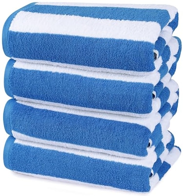 Utopia Towels 4 Pack Cabana Stripe Beach Towel, 30 by 60 Inches, Oversized 100% Ring Spun Cotton Pool Towels, Highly Absorbent Quick Dry Bath Towels for Bathroom, and Swim, Blue