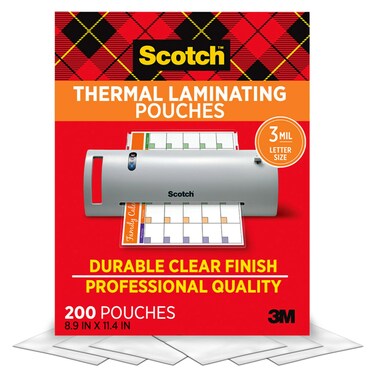 Scotch Thermal Laminating Pouches, 200 Count, Clear, 3 mil., Ideal Office or School Supplies, Fits Letter Sized Paper (8.9 in. &times; 11.4 in.)